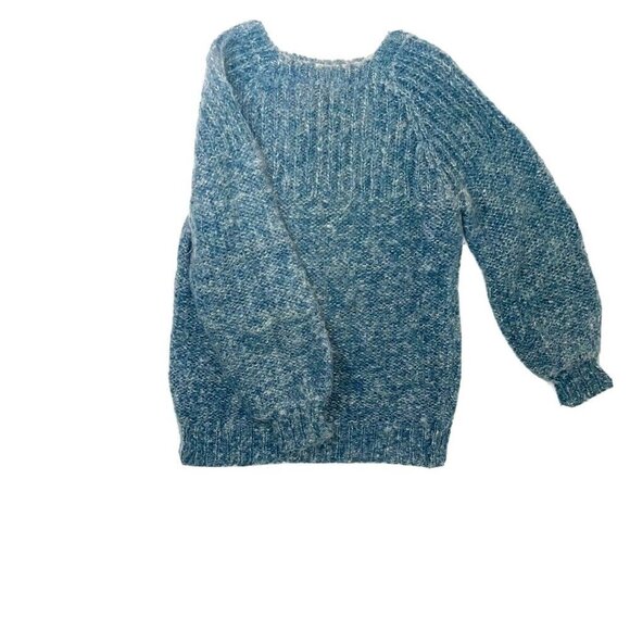 Hand Knit Sweater Womens Crew Neck Knit Cuff Metallic Thread Blue Silver - Picture 3 of 14